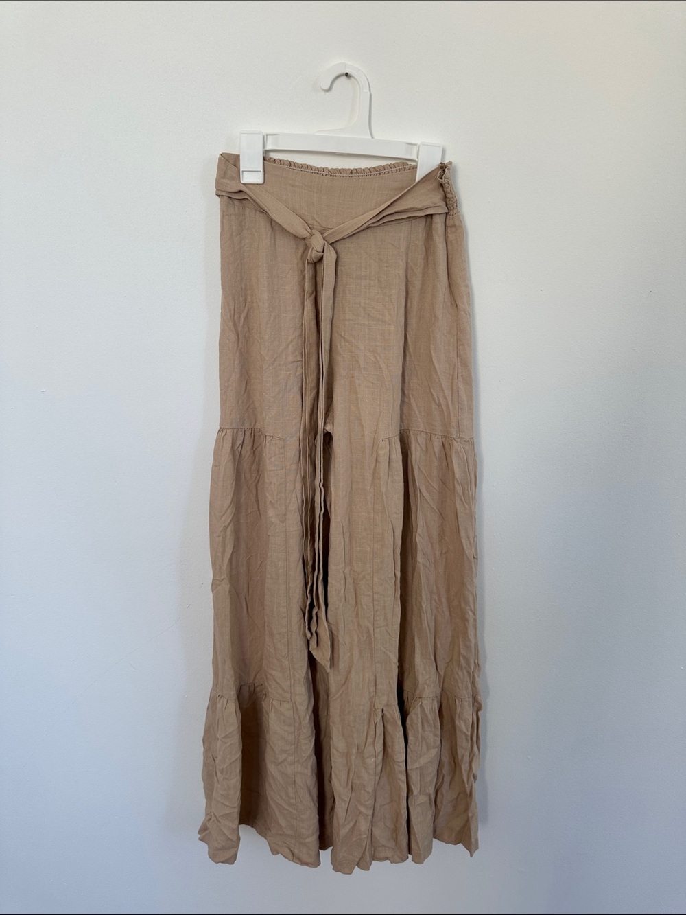 Women's Tiered Maxi Skirt with Waist Tie - Beige
